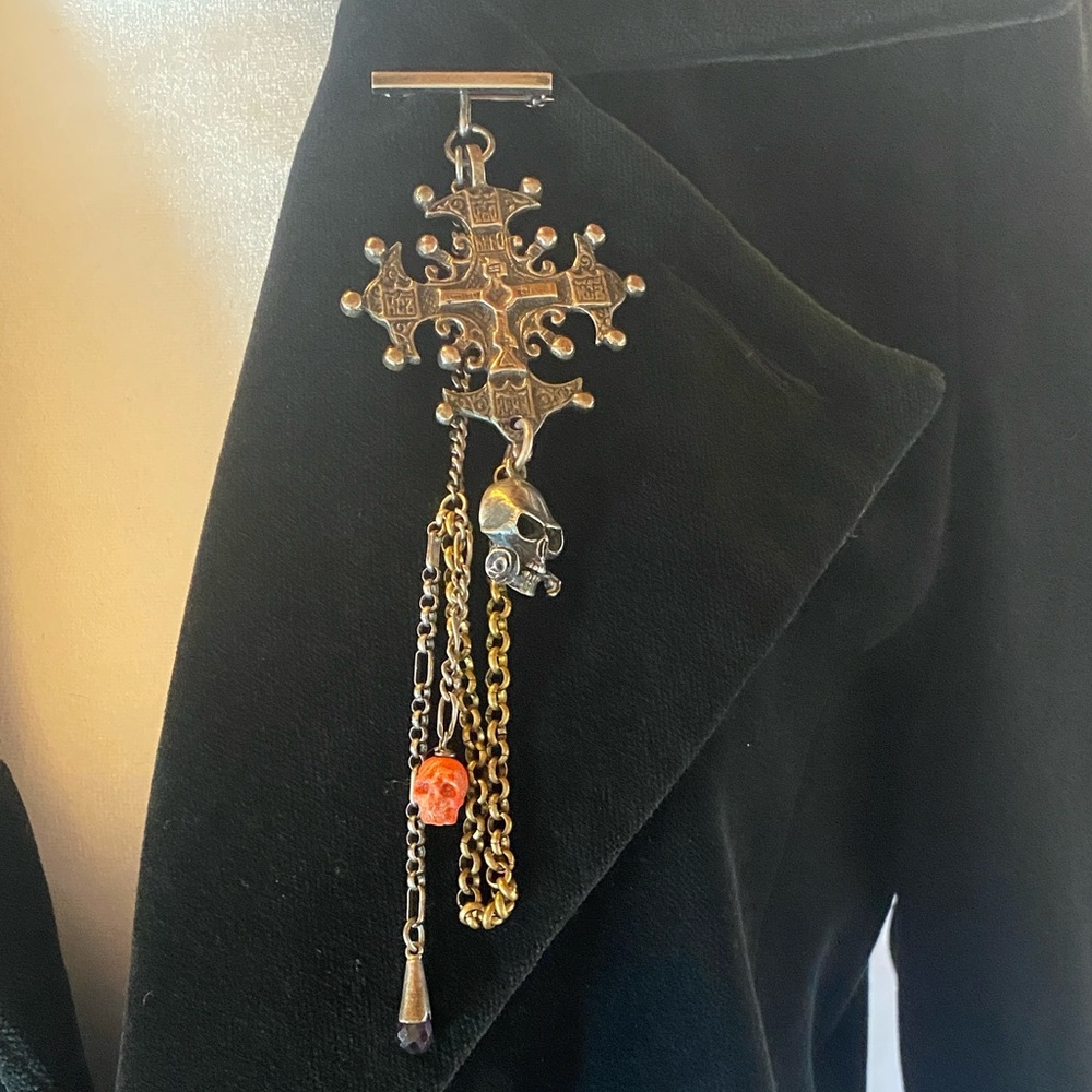 Highly collectible brooch / lapel pin with antique silver Ethiopian Coptic cross